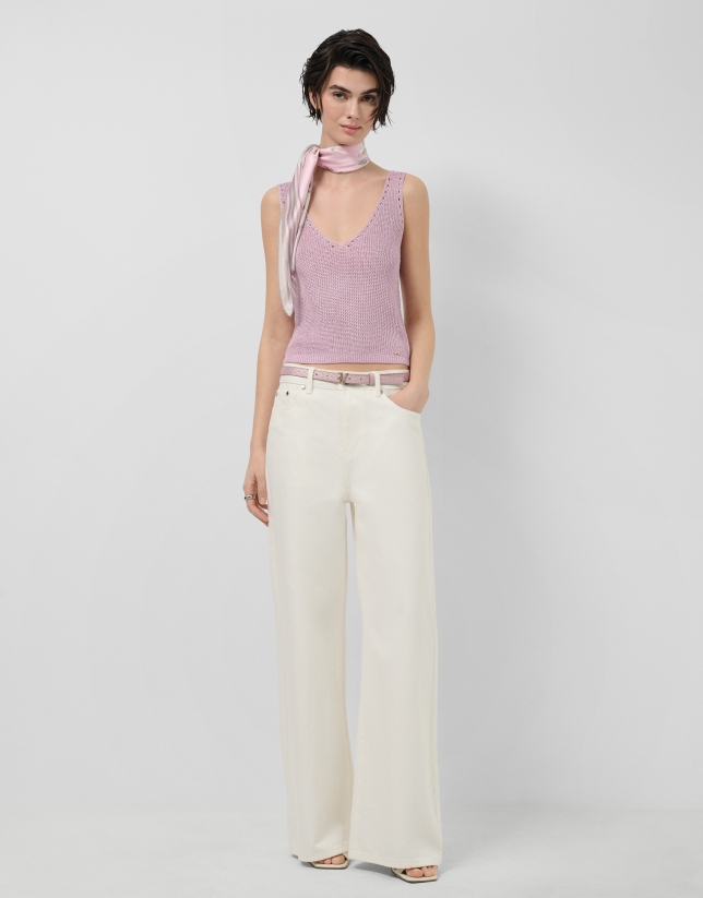 Pink openwork knit crop top with lurex