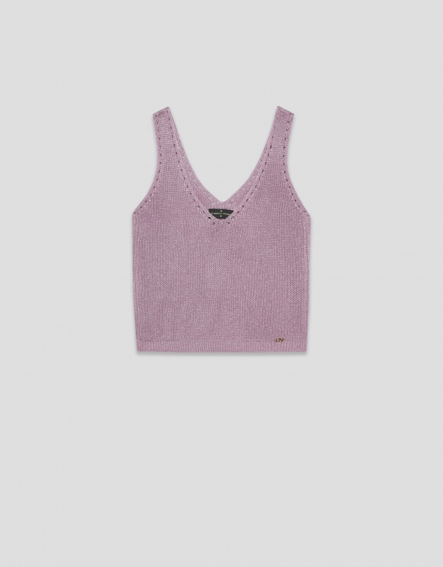 Pink openwork knit crop top with lurex