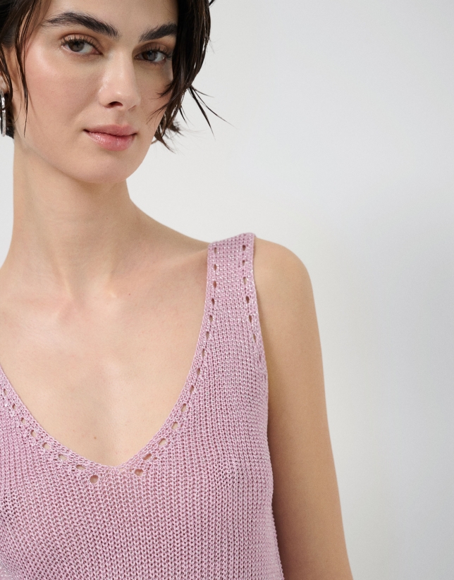 Pink openwork knit crop top with lurex
