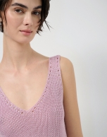 Pink openwork knit crop top with lurex