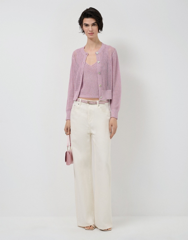 Pink openwork knit crop top with lurex