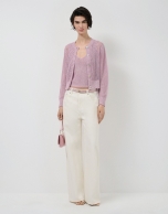 Pink openwork knit crop top with lurex