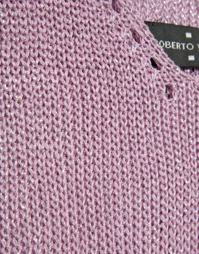 Crop top de sisas punto calado con l&uacute;rex rosa
