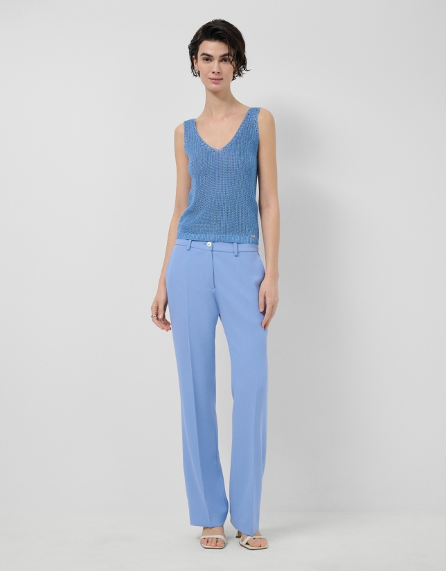 Blue lurex openwork knit top