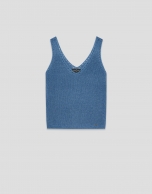 Sleeveless top with openwork knit and blue lurex