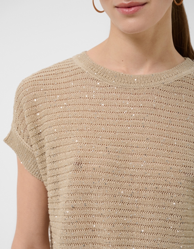 Camel-coloured unstitched linen knit jumper