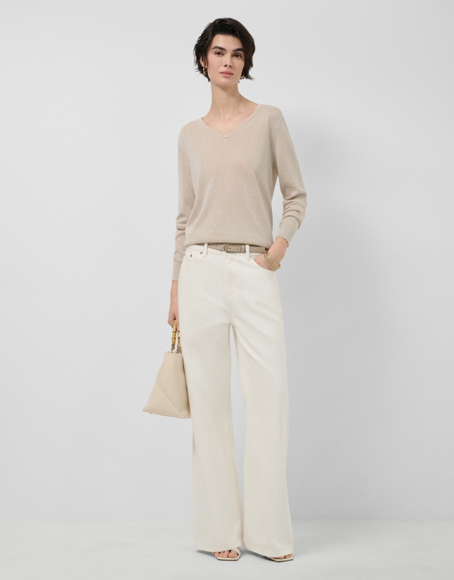 Beige fine V-neck jumper