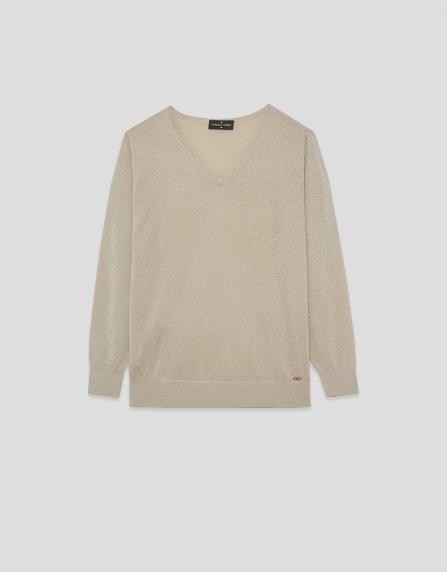 Beige fine V-neck jumper