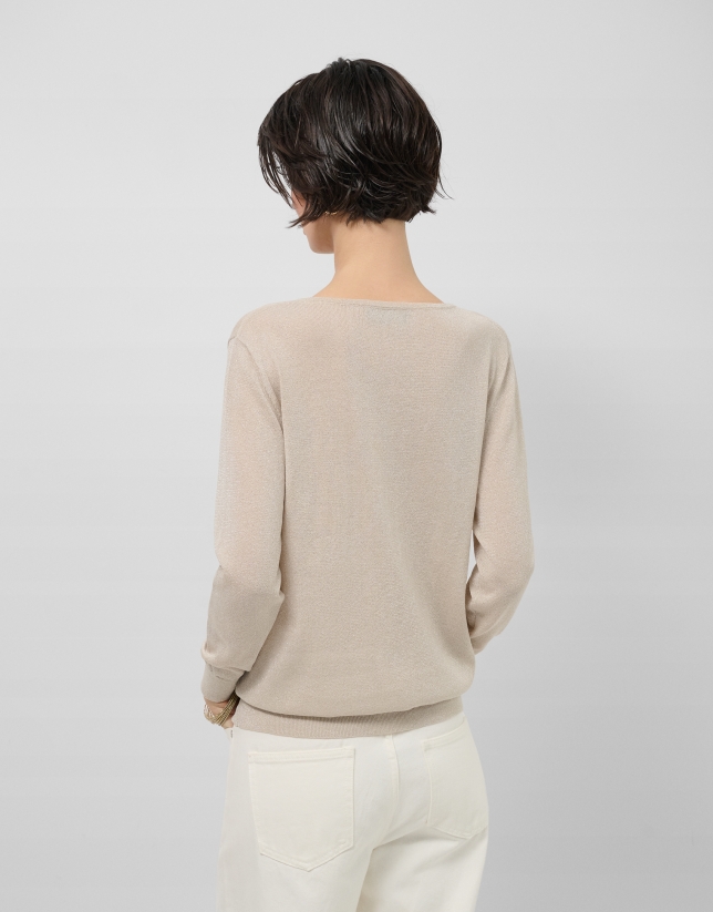 Jersey fino cuello pico beige