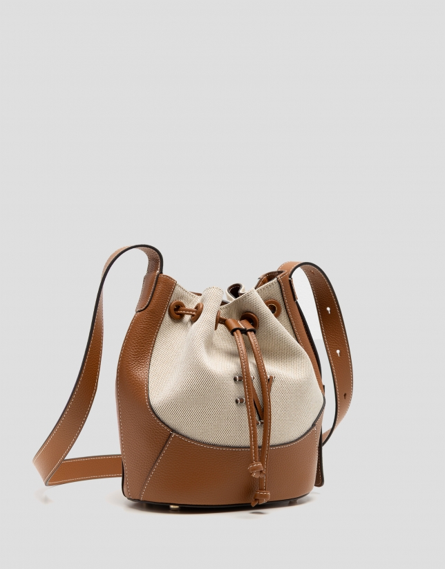 Bolso de hombro Iera Bucket lona y piel c&aacute;mel