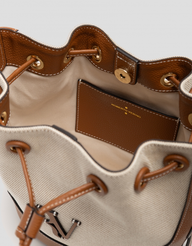Bolso de hombro Iera Bucket lona y piel c&aacute;mel