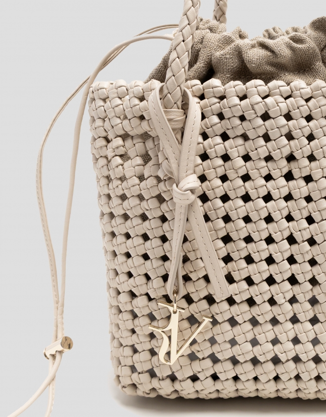 Paola Mini Shopper shoulder bag in ecru knotted leather