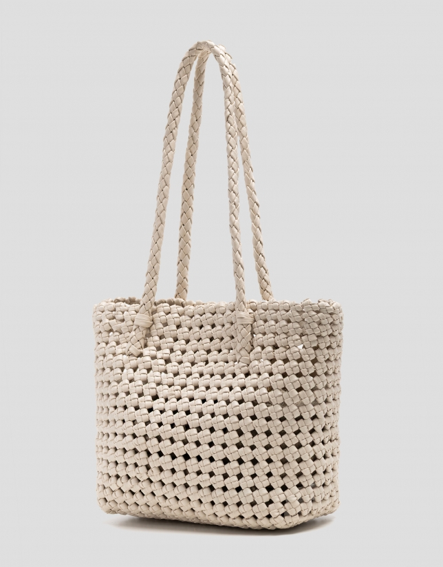 Paola Mini Shopper shoulder bag in ecru knotted leather