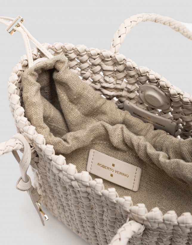 Paola Mini Shopper shoulder bag in ecru knotted leather