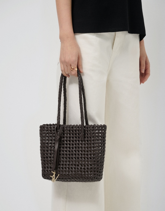 Bolso de hombro Paola Mini Shopper piel anudada marr&oacute;n