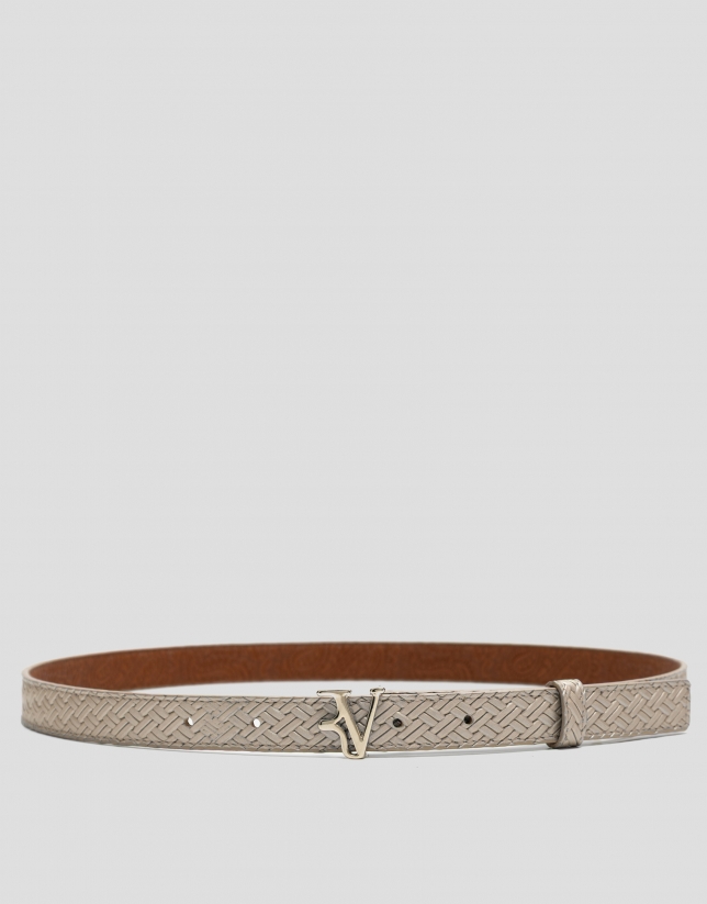 Metallic camel embossed leather belt