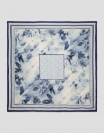Silk scarf with blue floral print and check pattern