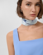 Silk scarf with blue floral print and check pattern