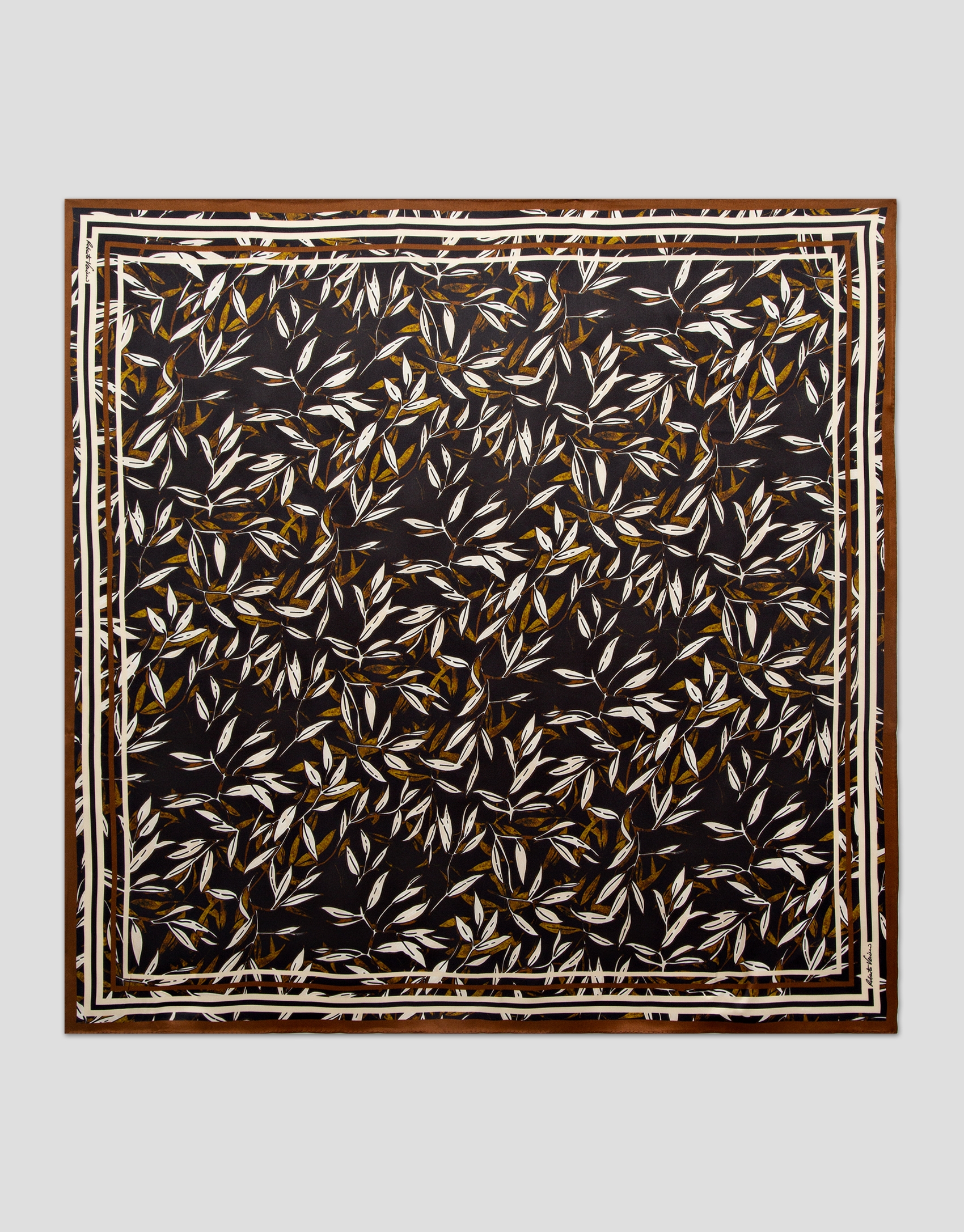 Black and camel silk scarf with plant print