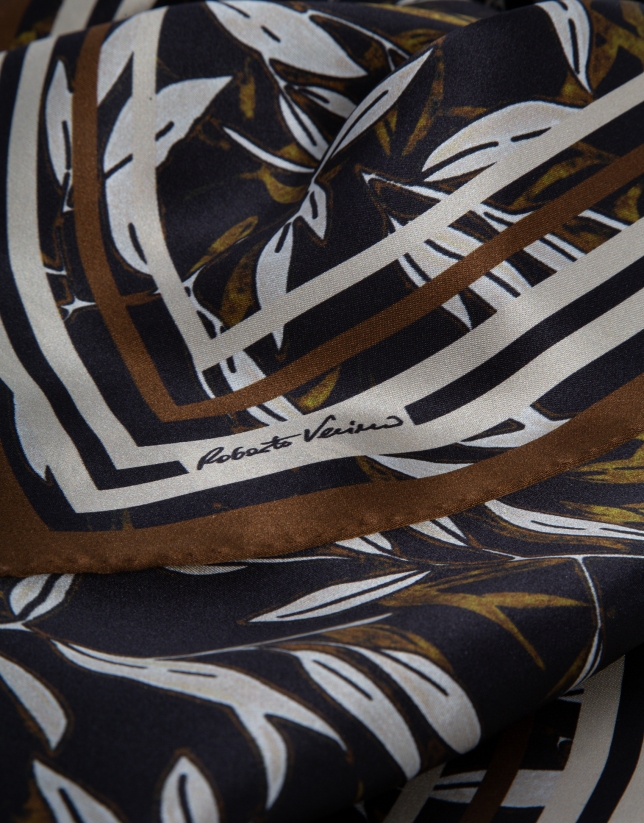 Black and camel silk scarf with plant print