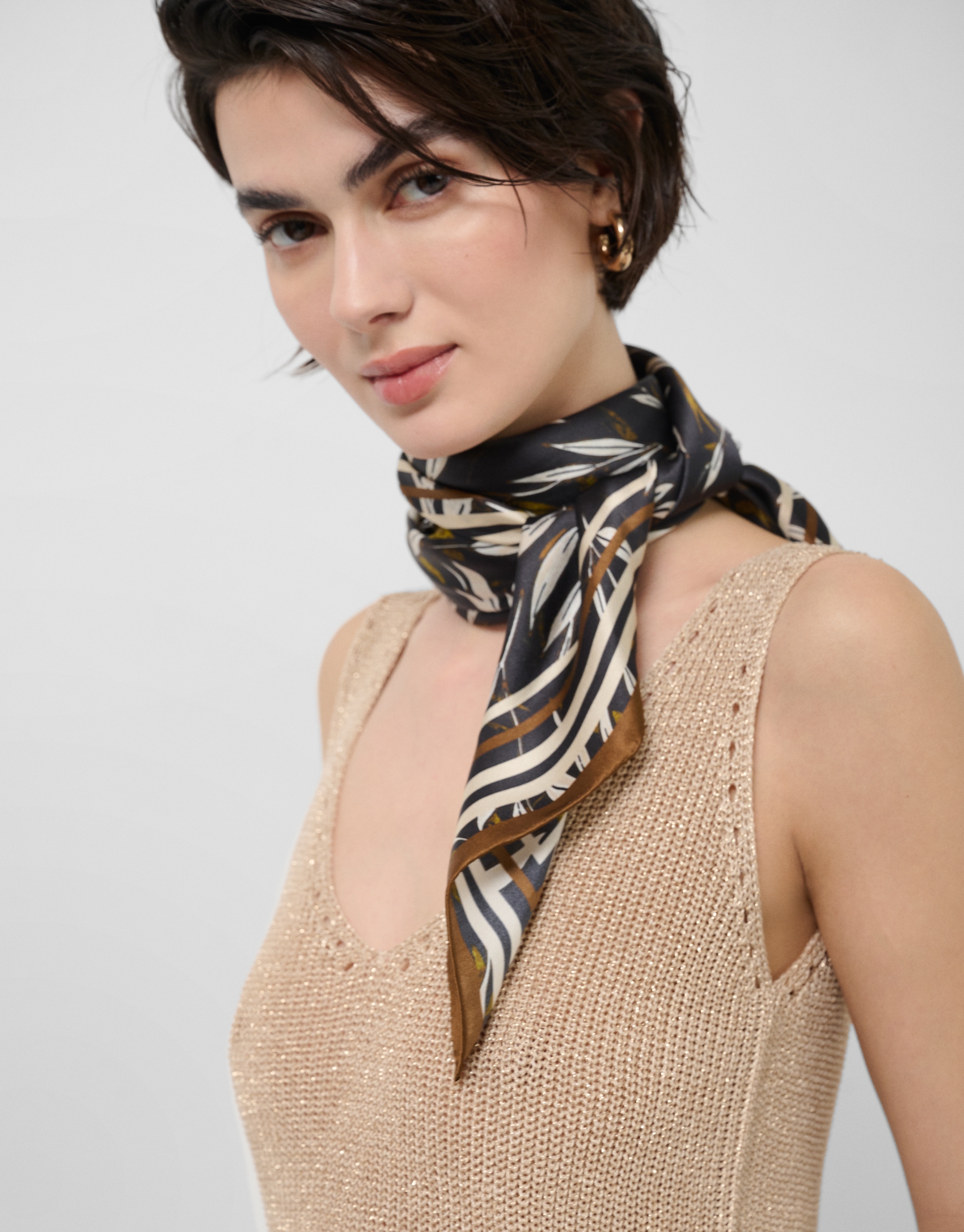 Black and camel silk scarf with plant print