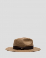 Toasted plant fibre hat with brown ribbon