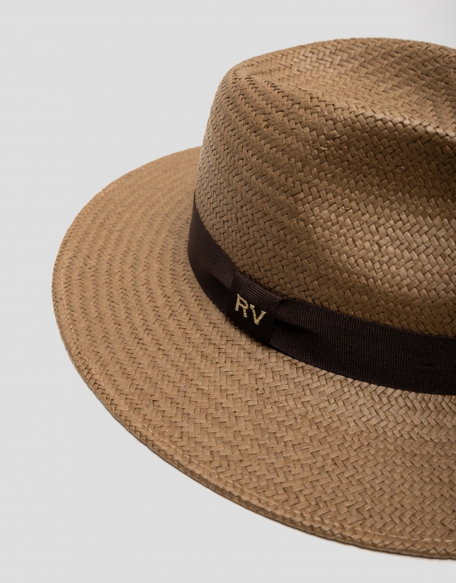 Toasted plant fibre hat with brown ribbon