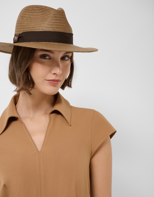 Toasted plant fibre hat with brown ribbon