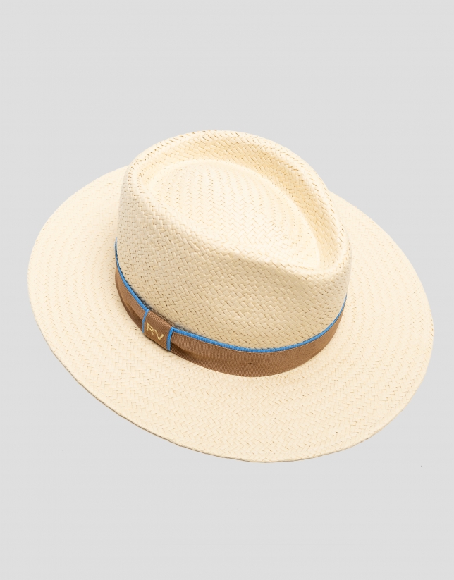 Ecru plant fibre hat with camel ribbon