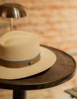 Ecru plant fibre hat with camel ribbon