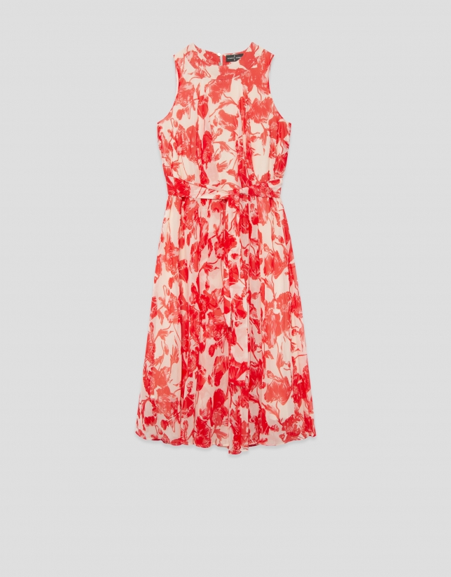 Vestido midi sin mangas beige estampado floral rojo