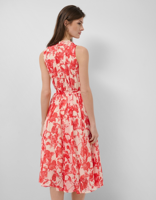 Beige midi dress with red floral print