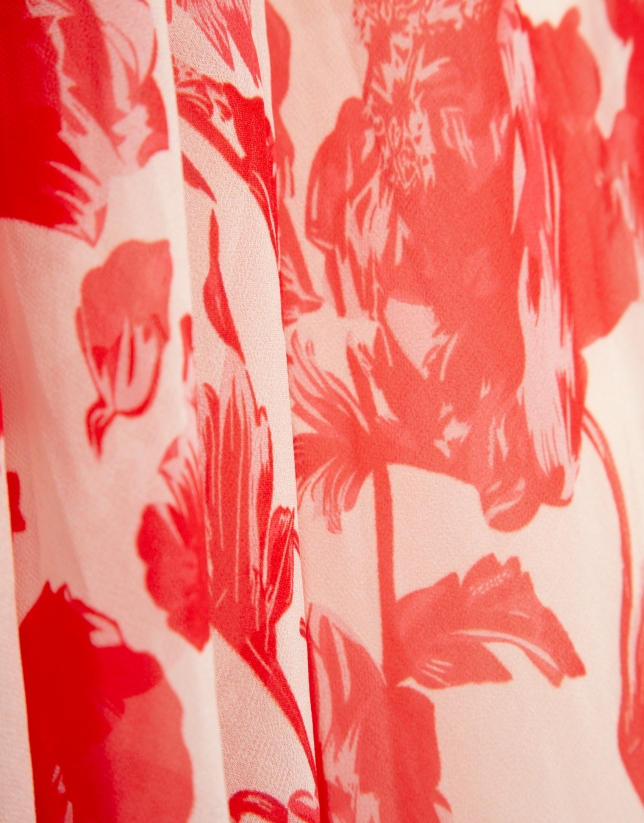 Vestido midi sin mangas beige estampado floral rojo