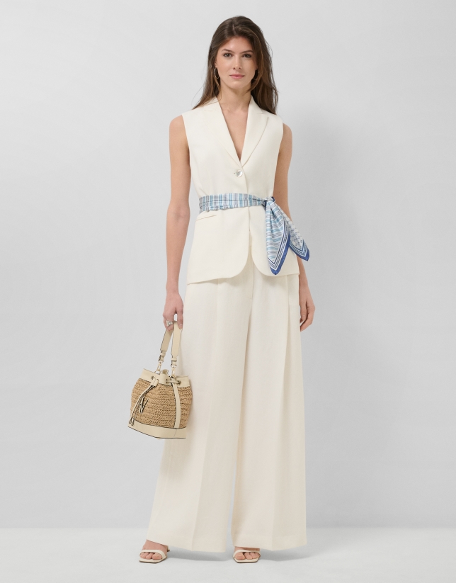 Long off-white linen blend waistcoat