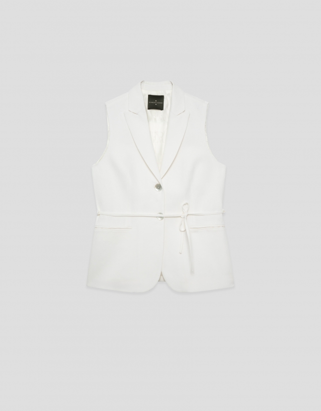 Long off-white linen blend waistcoat