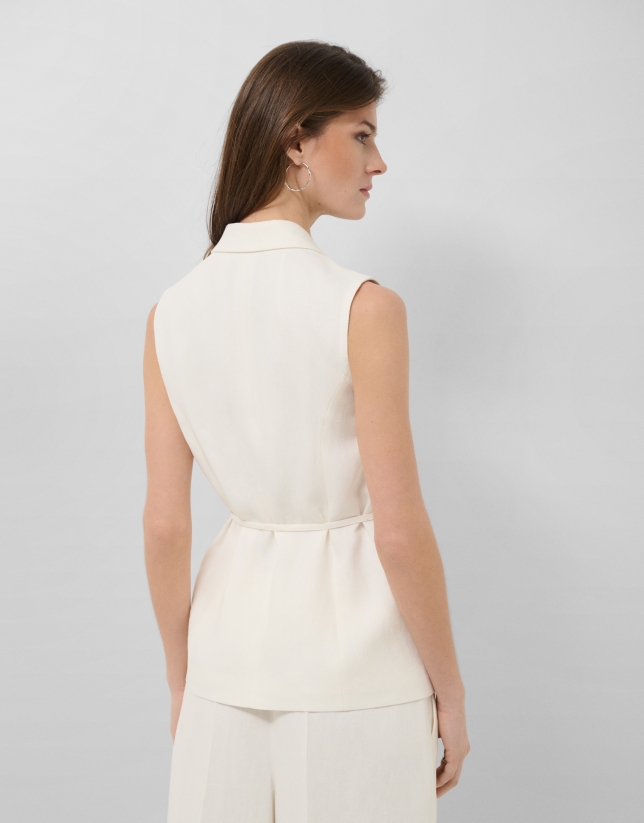 Long off-white linen blend waistcoat
