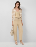 Camel-coloured horizontal striped knit cardigan