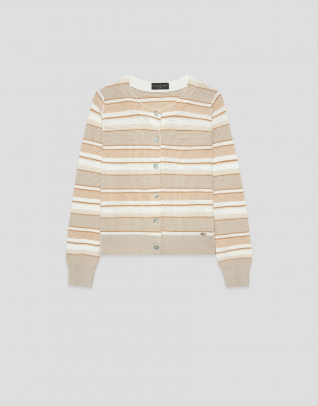 Camel-coloured horizontal striped knit cardigan