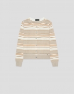 Camel-coloured horizontal striped knit cardigan