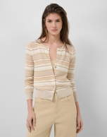 Camel-coloured horizontal striped knit cardigan