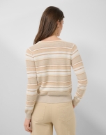 Camel-coloured horizontal striped knit cardigan