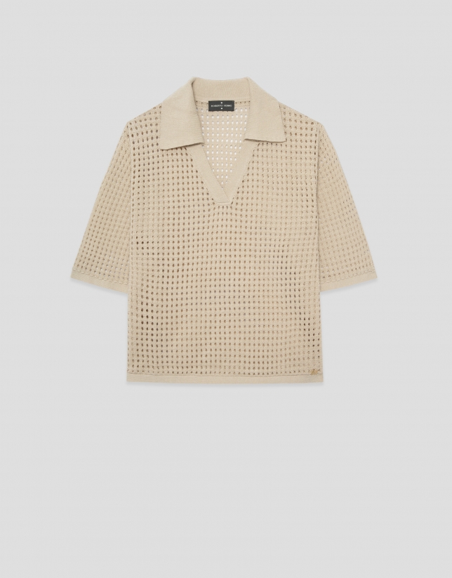 Camel openwork polo jumper