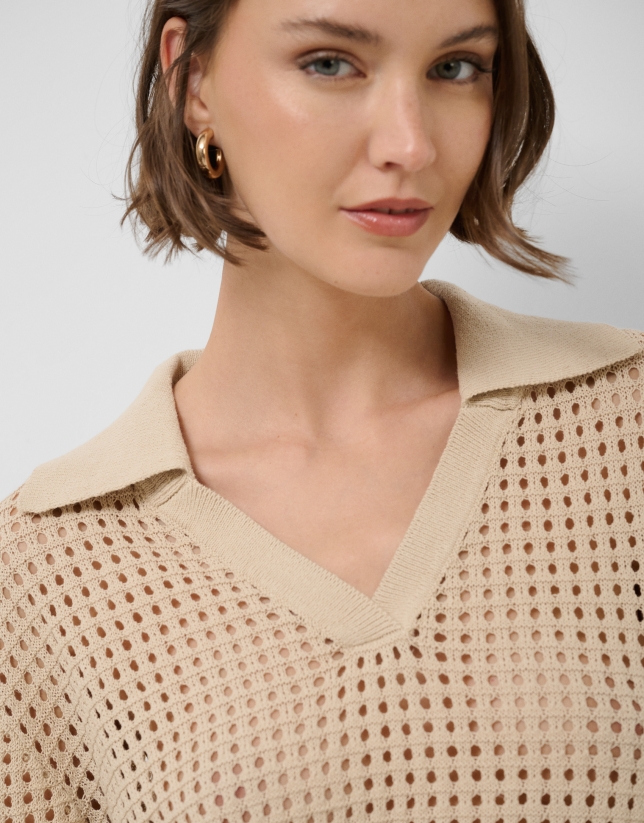 Camel openwork polo jumper