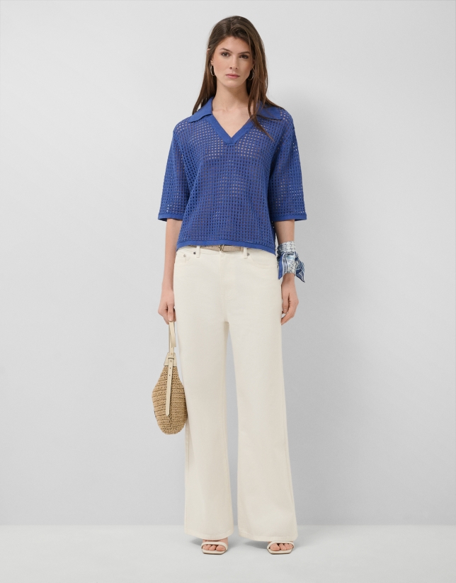 Blue openwork polo jumper