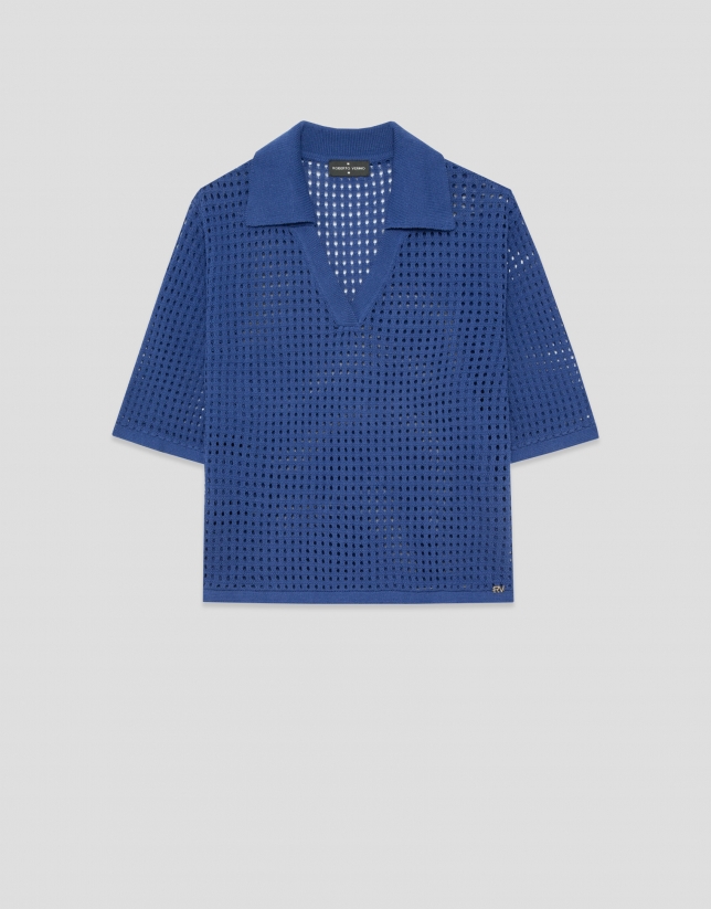 Blue openwork polo jumper