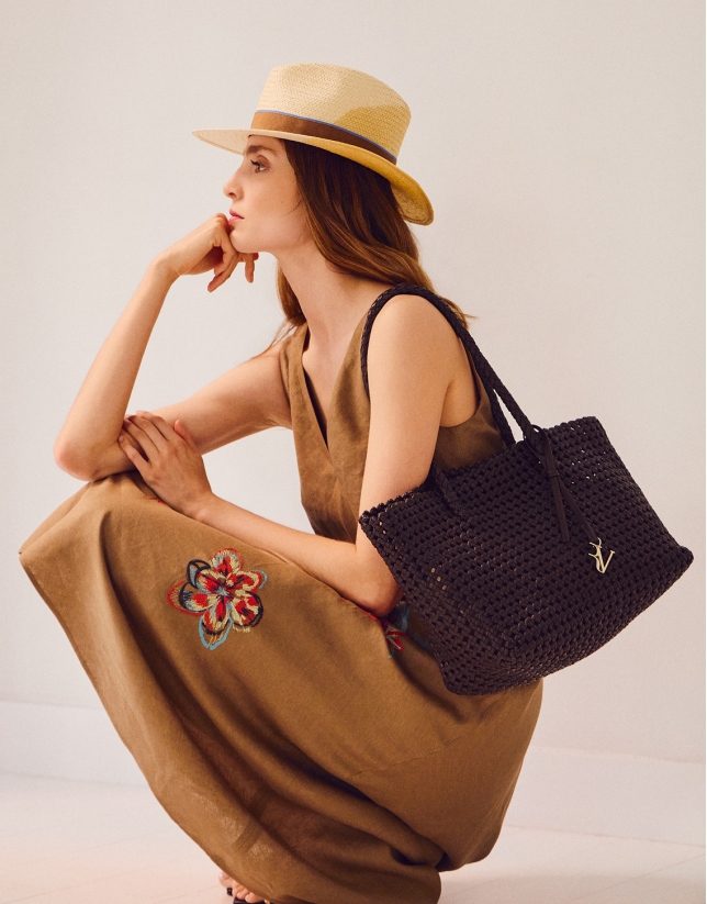 Bolso de hombro Paola Shopper piel anudada marr&oacute;n