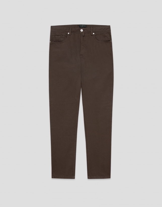 Brown dyed twill five-pocket trousers