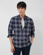 Regular navy blue checked shirt with white trim