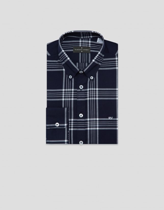 Camisa sport regular cuadros marino perfil blanco