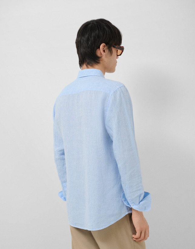 Regular fit light blue linen sports shirt